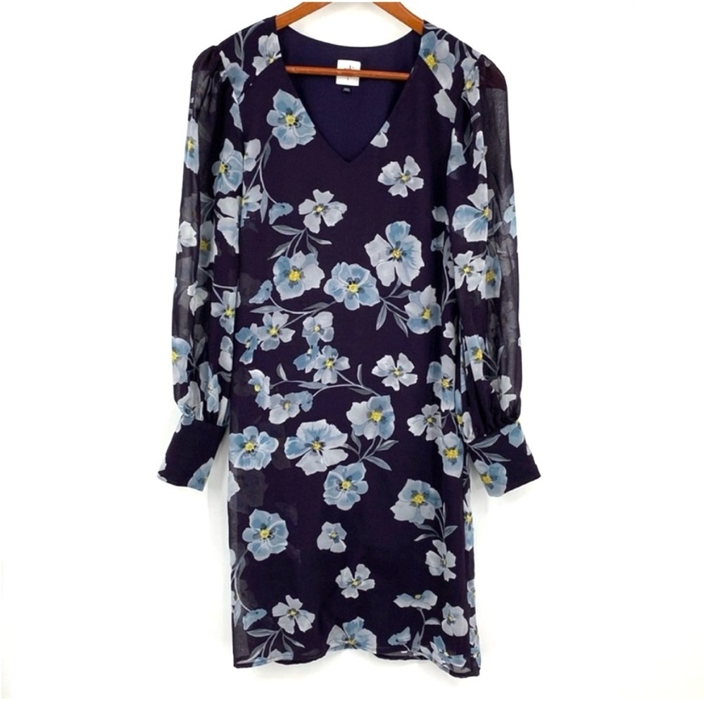 Cabi Ellery Dress Womens Size Small‎ Purple Blue Floral V-Neck Sheer Puff Sleeve